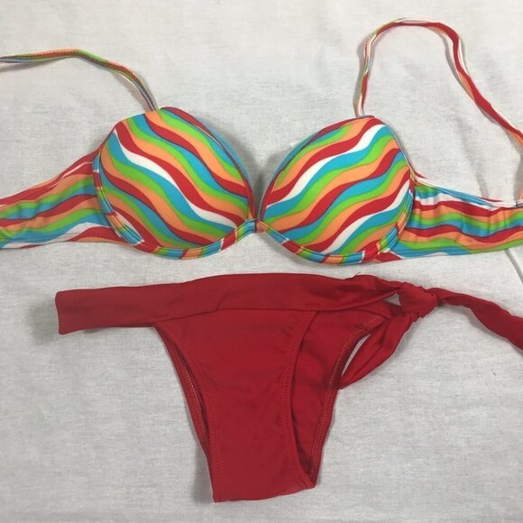 Reddo Brazilian Red Hot And Multi Stripes Bikini - Picture 2 of 4
